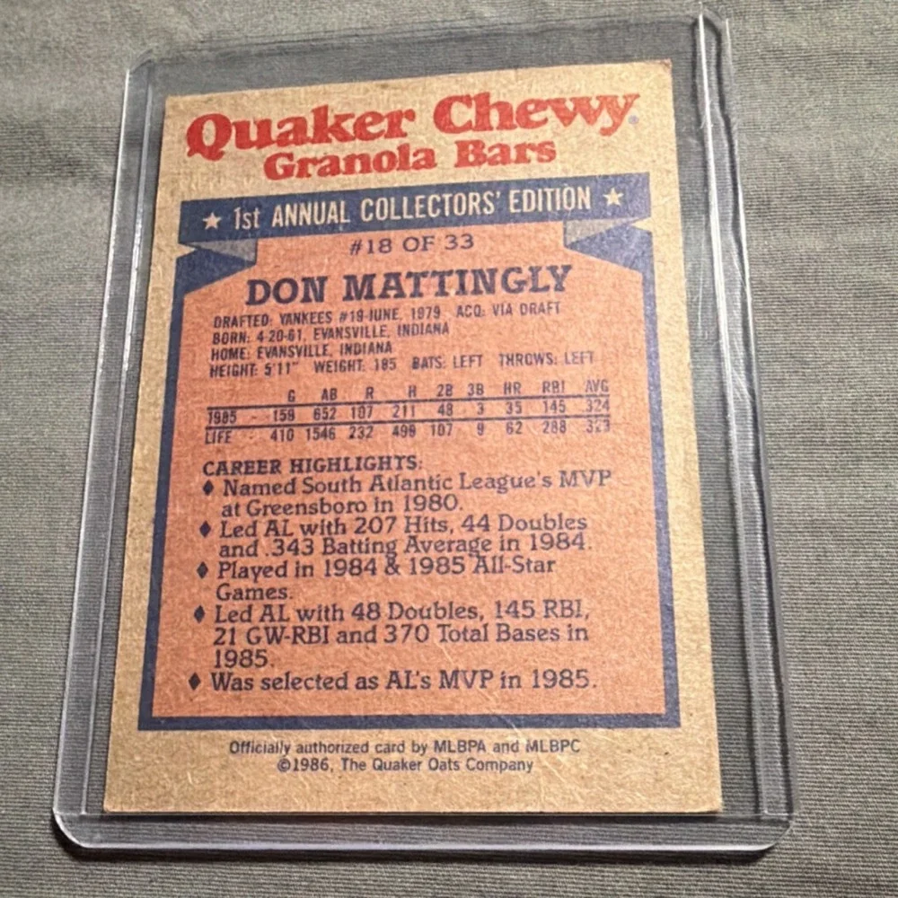Topps 1986 Quaker Chewy Don Mattingly #18 Yankees 1st Annual Collectors' Edition